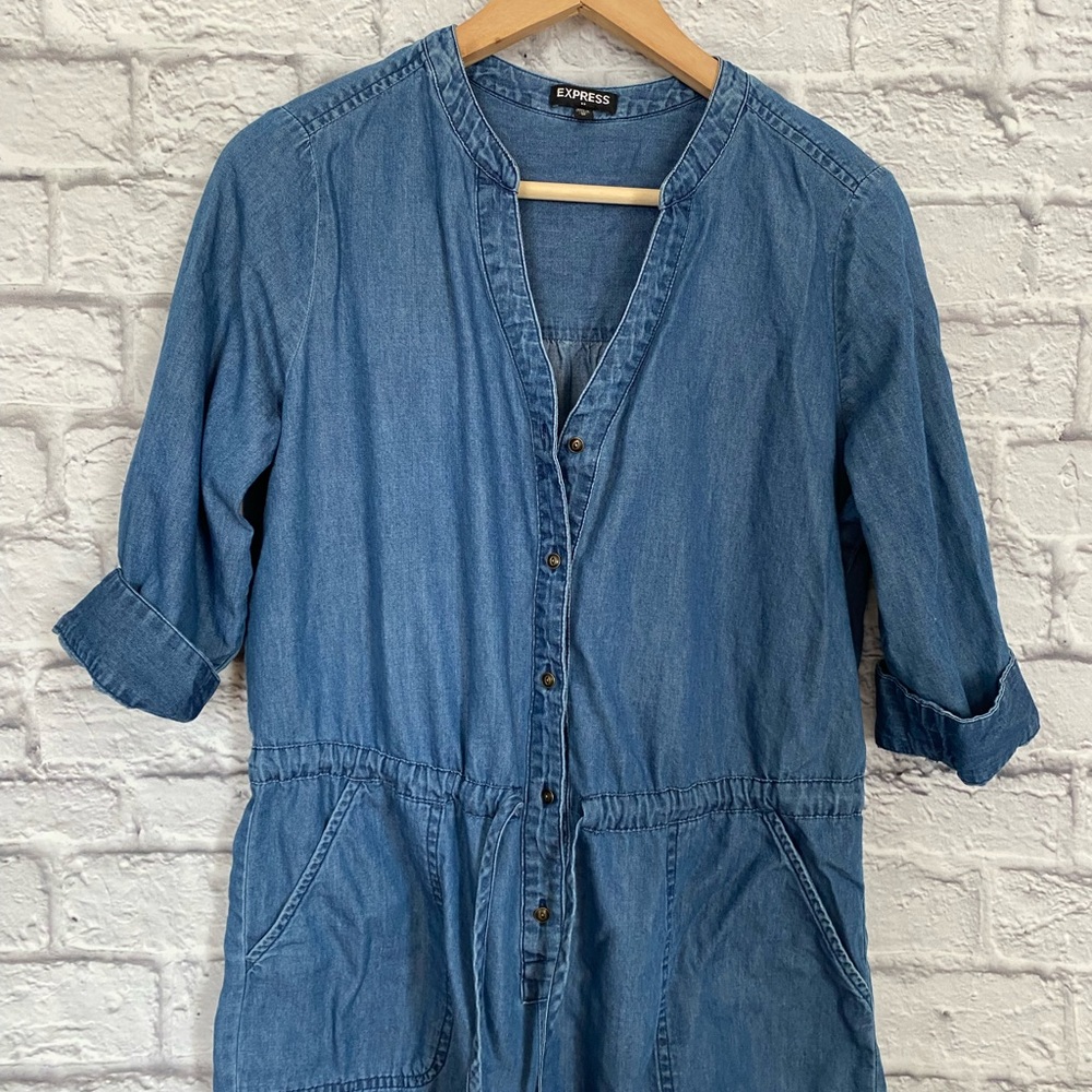 Express Chambray Button-Up Cinched Waist Romper. … - image 3